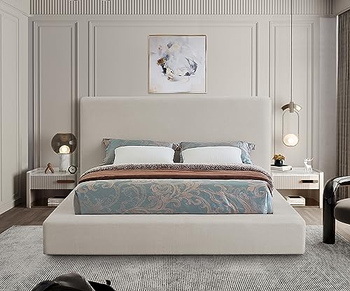 Meridian Furniture DevinBeige-K Devin Collection Modern | Contemporary Bed with Luxe Linen Textured Fabric, 97" W x 92.5" D x 45" H, Beige, King Bed