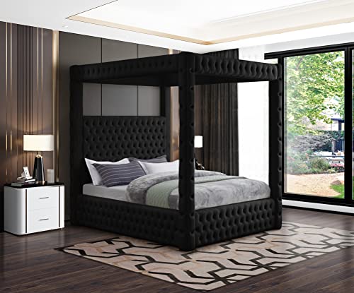 Meridian Furniture RoyalBlack-Q Royal Collection Modern | Contemporary Velvet Upholstered Queen Bed with Soft Black Velvet, Deep Elegant Tufting, Canopy, 70.5" W x 89" D x 87" H, Black