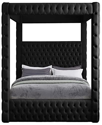 Meridian Furniture RoyalBlack-Q Royal Collection Modern | Contemporary Velvet Upholstered Queen Bed with Soft Black Velvet, Deep Elegant Tufting, Canopy, 70.5" W x 89" D x 87" H, Black