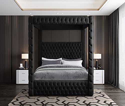 Meridian Furniture RoyalBlack-Q Royal Collection Modern | Contemporary Velvet Upholstered Queen Bed with Soft Black Velvet, Deep Elegant Tufting, Canopy, 70.5" W x 89" D x 87" H, Black