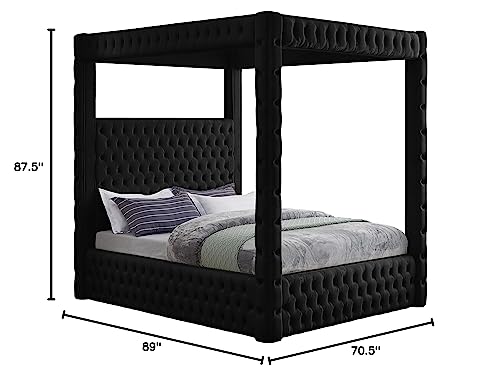 Meridian Furniture RoyalBlack-Q Royal Collection Modern | Contemporary Velvet Upholstered Queen Bed with Soft Black Velvet, Deep Elegant Tufting, Canopy, 70.5" W x 89" D x 87" H, Black