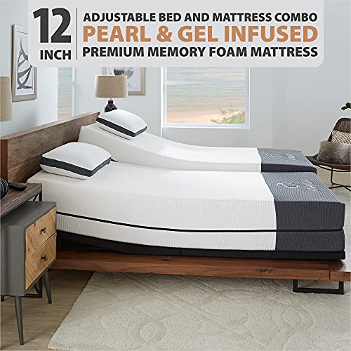 Blissful Nights Ananda 12" Pearl and Cool Gel Infused Memory Foam Mattress with Premium Adjustable Bed Frame Combo, Head Tilt, Massage, USB, Zero Gravity,Anti-Snore … (Split King)
