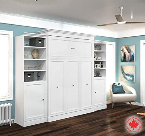 Bestar Versatile Queen Murphy Bed and 2 Closet Organizers with Doors (115W) in White, Sleeping Arrangement and Wardrobes for Multipurpose Room