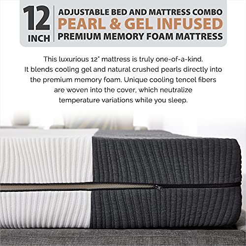 Blissful Nights Ananda 12" Pearl and Cool Gel Infused Memory Foam Mattress with Premium Adjustable Bed Frame Combo, Head Tilt, Massage, USB, Zero Gravity,Anti-Snore … (Split King)