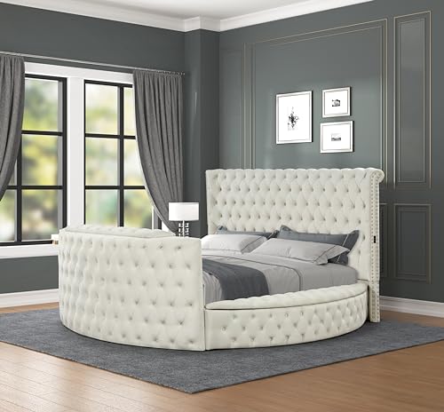 Luxus Collection Modern Round Shaped Velvet Upholstered Storage Bed with Deep Button Tufting, Footboard Design Doubles as a TV Stand with Remote Control, for TVs up to 50 inches (Cream, King)