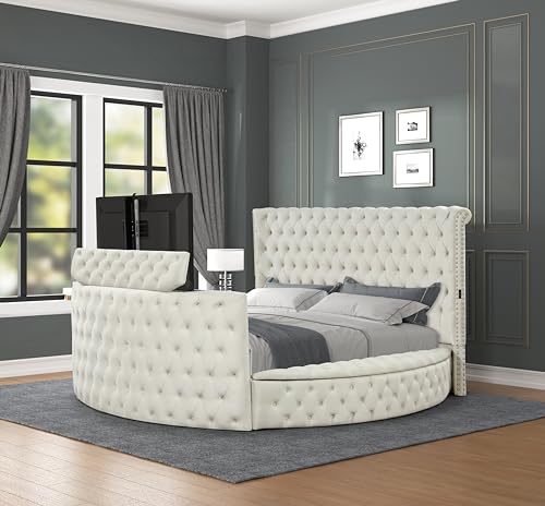 Luxus Collection Modern Round Shaped Velvet Upholstered Storage Bed with Deep Button Tufting, Footboard Design Doubles as a TV Stand with Remote Control, for TVs up to 50 inches (Cream, King)
