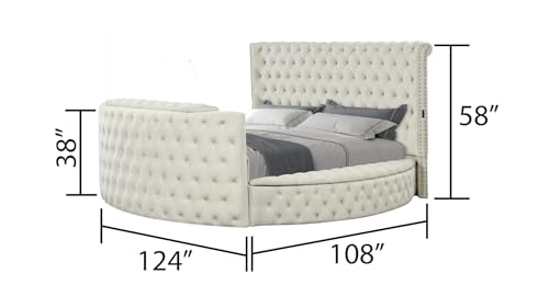 Luxus Collection Modern Round Shaped Velvet Upholstered Storage Bed with Deep Button Tufting, Footboard Design Doubles as a TV Stand with Remote Control, for TVs up to 50 inches (Cream, King)