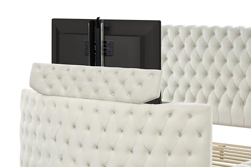 Luxus Collection Modern Round Shaped Velvet Upholstered Storage Bed with Deep Button Tufting, Footboard Design Doubles as a TV Stand with Remote Control, for TVs up to 50 inches (Cream, King)