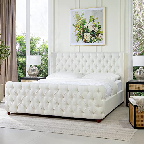 Jennifer Taylor Home Geneva Curved Wing Upholstered Bed Frame Platform, King, Antique White Polyester