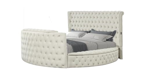 Luxus Collection Modern Round Shaped Velvet Upholstered Storage Bed with Deep Button Tufting, Footboard Design Doubles as a TV Stand with Remote Control, for TVs up to 50 inches (Cream, King)