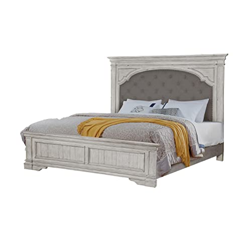 Steve Silver Company Highland Park 83.5" x 90" Farmhouse Wood & Fabric Upholstered Panel King Bed with Button Tufted Headboard, Low Vertical Planked Inset Panel Footboard, in Rustic Ivory Finish