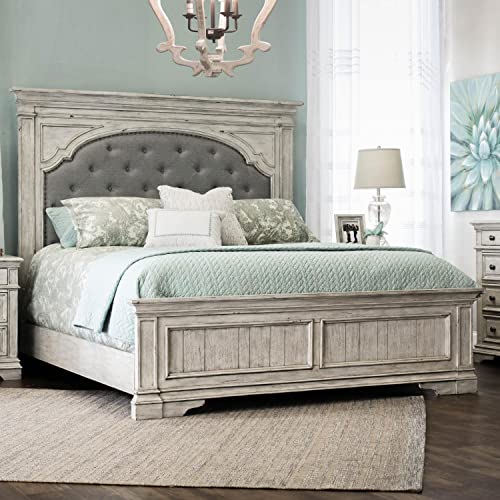 Steve Silver Company Highland Park 83.5" x 90" Farmhouse Wood & Fabric Upholstered Panel King Bed with Button Tufted Headboard, Low Vertical Planked Inset Panel Footboard, in Rustic Ivory Finish