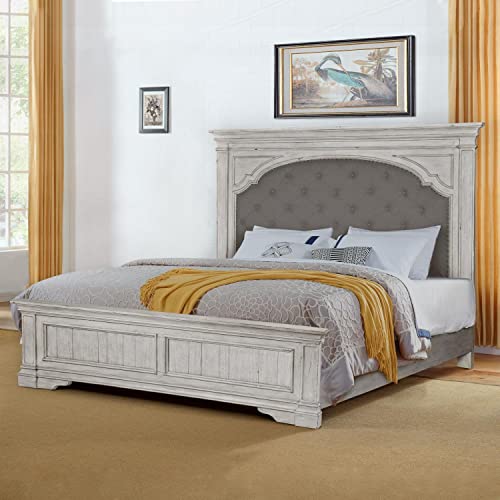Steve Silver Company Highland Park 83.5" x 90" Farmhouse Wood & Fabric Upholstered Panel King Bed with Button Tufted Headboard, Low Vertical Planked Inset Panel Footboard, in Rustic Ivory Finish