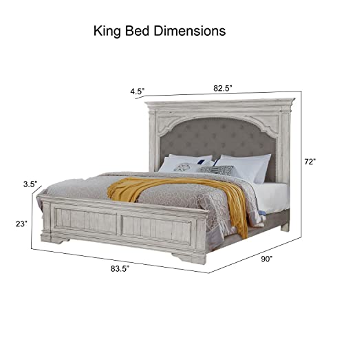 Steve Silver Company Highland Park 83.5" x 90" Farmhouse Wood & Fabric Upholstered Panel King Bed with Button Tufted Headboard, Low Vertical Planked Inset Panel Footboard, in Rustic Ivory Finish