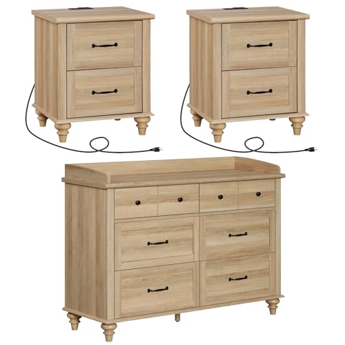 WAMPAT 3 Piece Dresser and Nightstand Sets, Farmhouse Dresser & Chest of Drawers with 6 Drawers & Metal Handle, Set of 2 Nightstands End Table with Charging Staion, 3 Piece Bedroom Set, Oak