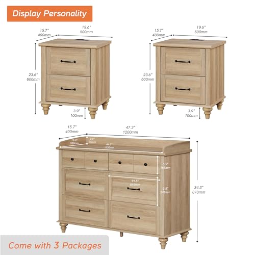 WAMPAT 3 Piece Dresser and Nightstand Sets, Farmhouse Dresser & Chest of Drawers with 6 Drawers & Metal Handle, Set of 2 Nightstands End Table with Charging Staion, 3 Piece Bedroom Set, Oak