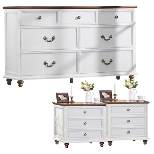 Joaxswe Farmhouse Dresser and Nightstand Sets 3 Piece, Nightstands Set of 2 and 7 Drawers Dresser for Bedroom, 54" Wide Dresser and 24" Inch Night Stand Set for Bedroom, Living Room, Hallway
