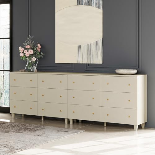 WAMPAT 12 Drawers Dresser Chest for Bedroom, 2-in-1 Modern Beige Wood Closet Storage Organizer Furniture with Gold Knobs & Solid Legs for Kids Room, Nursery, 94.4x15.3x32.4