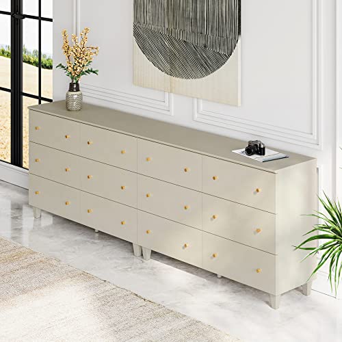 WAMPAT 12 Drawers Dresser Chest for Bedroom, 2-in-1 Modern Beige Wood Closet Storage Organizer Furniture with Gold Knobs & Solid Legs for Kids Room, Nursery, 94.4x15.3x32.4