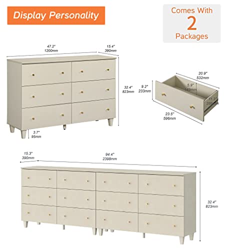 WAMPAT 12 Drawers Dresser Chest for Bedroom, 2-in-1 Modern Beige Wood Closet Storage Organizer Furniture with Gold Knobs & Solid Legs for Kids Room, Nursery, 94.4x15.3x32.4