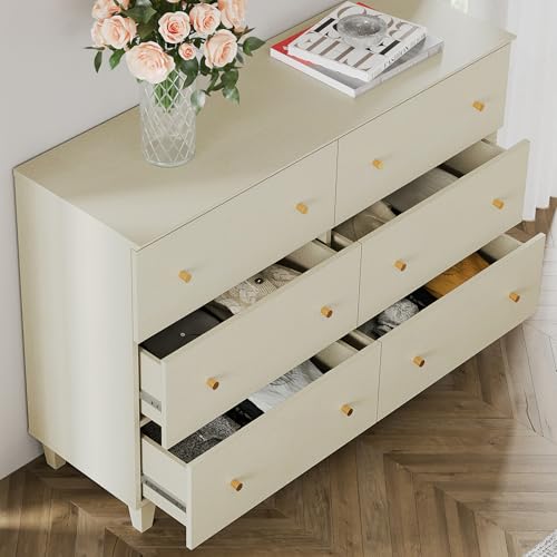 WAMPAT 12 Drawers Dresser Chest for Bedroom, 2-in-1 Modern Beige Wood Closet Storage Organizer Furniture with Gold Knobs & Solid Legs for Kids Room, Nursery, 94.4x15.3x32.4