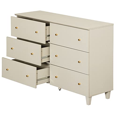 WAMPAT 12 Drawers Dresser Chest for Bedroom, 2-in-1 Modern Beige Wood Closet Storage Organizer Furniture with Gold Knobs & Solid Legs for Kids Room, Nursery, 94.4x15.3x32.4