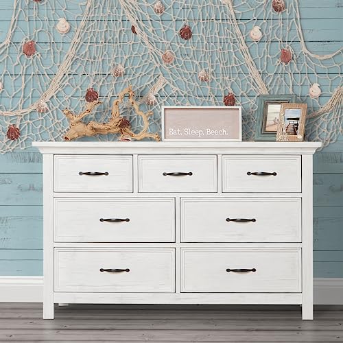 Evolur Belmar Double Dresser in Weathered White, Comes Assembled, Included Anti-Tip Kit, Seven Spacious Drawers, Dresser for Nursery, Bedroom, Wooden Nursery Furniture