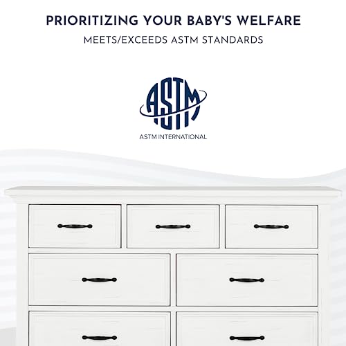 Evolur Belmar Double Dresser in Weathered White, Comes Assembled, Included Anti-Tip Kit, Seven Spacious Drawers, Dresser for Nursery, Bedroom, Wooden Nursery Furniture