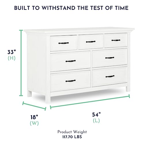 Evolur Belmar Double Dresser in Weathered White, Comes Assembled, Included Anti-Tip Kit, Seven Spacious Drawers, Dresser for Nursery, Bedroom, Wooden Nursery Furniture