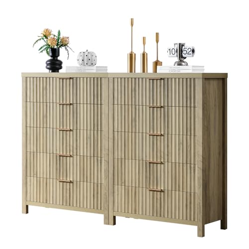 OAKHAM HOME 5 Drawers Dresser, 44 Inches Tall Modern Dresser for Bedroom, Curved Profile Design Chest of Drawers, Wood Drawer Organizer for Living Room, Hallway, Entryway (Sunwashed Ash Oak, 2 Pieces)