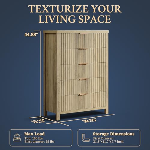 OAKHAM HOME 5 Drawers Dresser, 44 Inches Tall Modern Dresser for Bedroom, Curved Profile Design Chest of Drawers, Wood Drawer Organizer for Living Room, Hallway, Entryway (Sunwashed Ash Oak, 2 Pieces)