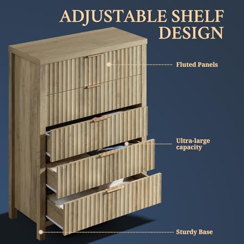 OAKHAM HOME 5 Drawers Dresser, 44 Inches Tall Modern Dresser for Bedroom, Curved Profile Design Chest of Drawers, Wood Drawer Organizer for Living Room, Hallway, Entryway (Sunwashed Ash Oak, 2 Pieces)