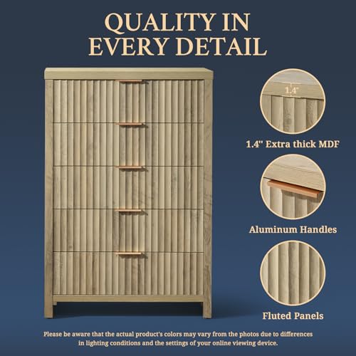 OAKHAM HOME 5 Drawers Dresser, 44 Inches Tall Modern Dresser for Bedroom, Curved Profile Design Chest of Drawers, Wood Drawer Organizer for Living Room, Hallway, Entryway (Sunwashed Ash Oak, 2 Pieces)