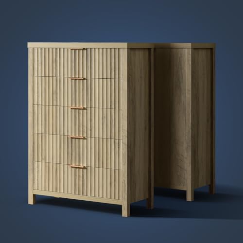OAKHAM HOME 5 Drawers Dresser, 44 Inches Tall Modern Dresser for Bedroom, Curved Profile Design Chest of Drawers, Wood Drawer Organizer for Living Room, Hallway, Entryway (Sunwashed Ash Oak, 2 Pieces)