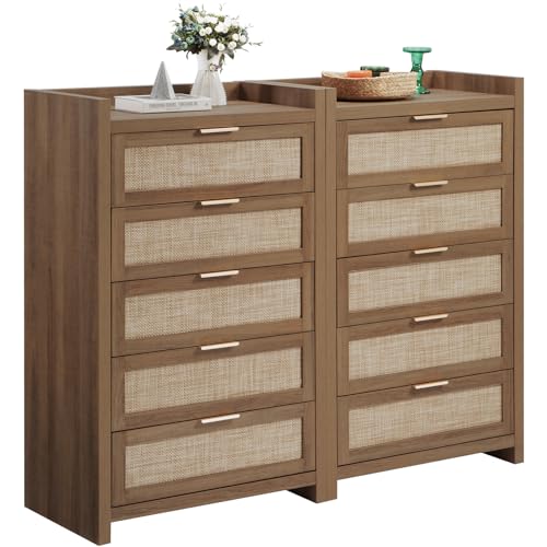 SICOTAS Dresser for Bedroom Chest of Drawers Tall Dresser with 5 Rattan Drawers Wood Dresser for Closet Boho Clothes Storage Tower Large Nightstand Sets for Living Room Hallway Nursery Entryway (2PCS)