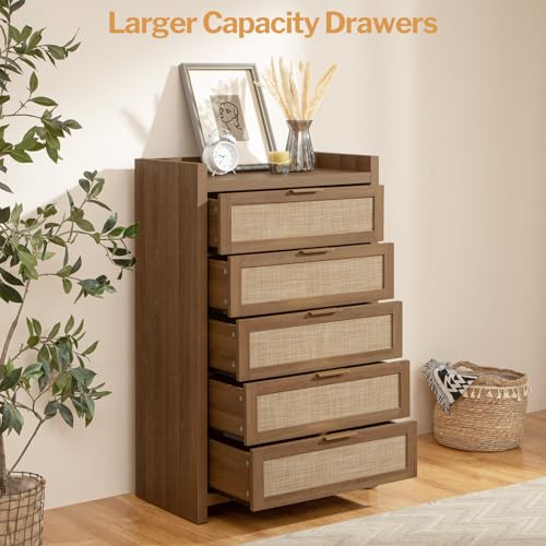 SICOTAS Dresser for Bedroom Chest of Drawers Tall Dresser with 5 Rattan Drawers Wood Dresser for Closet Boho Clothes Storage Tower Large Nightstand Sets for Living Room Hallway Nursery Entryway (2PCS)