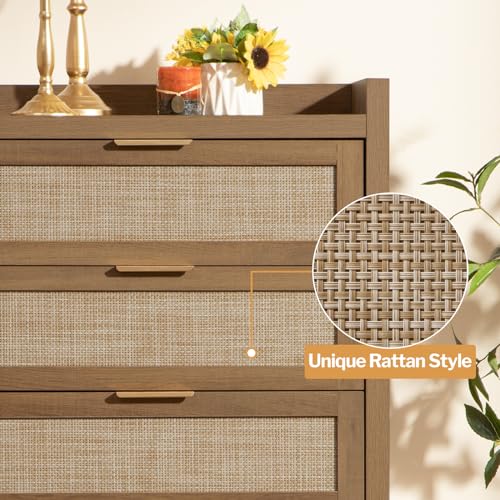 SICOTAS Dresser for Bedroom Chest of Drawers Tall Dresser with 5 Rattan Drawers Wood Dresser for Closet Boho Clothes Storage Tower Large Nightstand Sets for Living Room Hallway Nursery Entryway (2PCS)