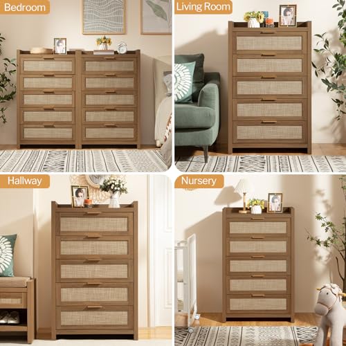 SICOTAS Dresser for Bedroom Chest of Drawers Tall Dresser with 5 Rattan Drawers Wood Dresser for Closet Boho Clothes Storage Tower Large Nightstand Sets for Living Room Hallway Nursery Entryway (2PCS)