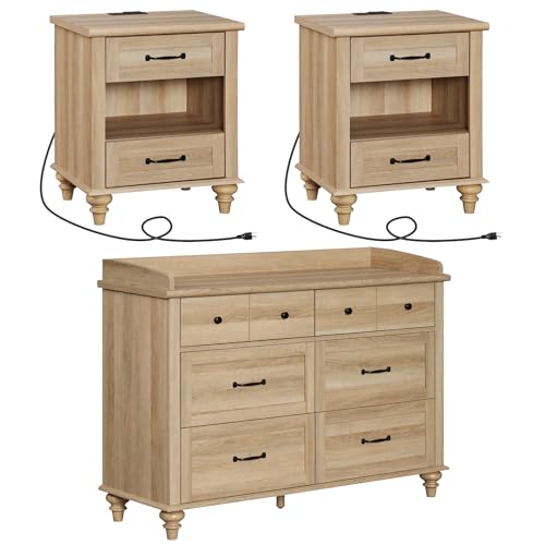 WAMPAT 3 Piece Dresser and Nightstand Sets, Light Wood Dresser & Chest of Drawers with 6 Drawers & Metal Handle, Set of 2 Nightstands Side Table with Charging Staion, 3 Piece Bedroom Set, Oak