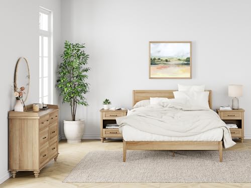 WAMPAT 3 Piece Dresser and Nightstand Sets, Light Wood Dresser & Chest of Drawers with 6 Drawers & Metal Handle, Set of 2 Nightstands Side Table with Charging Staion, 3 Piece Bedroom Set, Oak