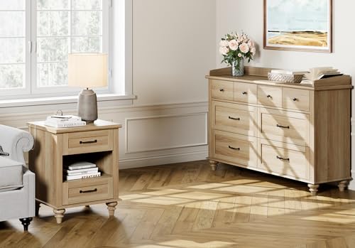 WAMPAT 3 Piece Dresser and Nightstand Sets, Light Wood Dresser & Chest of Drawers with 6 Drawers & Metal Handle, Set of 2 Nightstands Side Table with Charging Staion, 3 Piece Bedroom Set, Oak