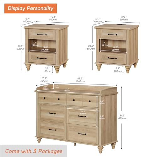 WAMPAT 3 Piece Dresser and Nightstand Sets, Light Wood Dresser & Chest of Drawers with 6 Drawers & Metal Handle, Set of 2 Nightstands Side Table with Charging Staion, 3 Piece Bedroom Set, Oak