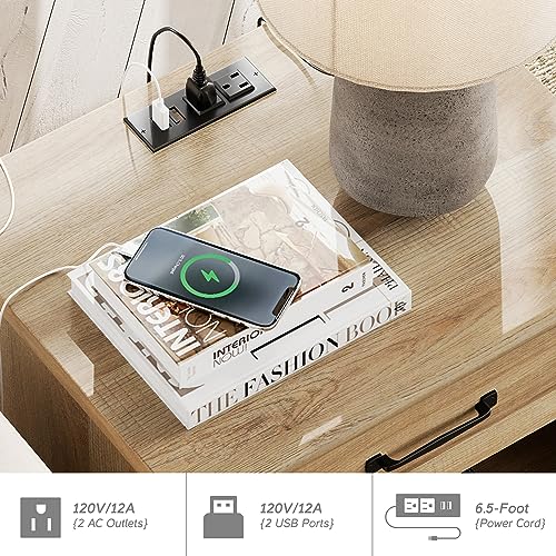 WAMPAT 3 Piece Dresser and Nightstand Sets, Light Wood Dresser & Chest of Drawers with 6 Drawers & Metal Handle, Set of 2 Nightstands Side Table with Charging Staion, 3 Piece Bedroom Set, Oak