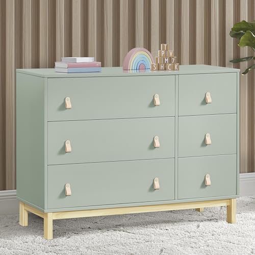 Delta Children babyGap Legacy 6 Drawer Dresser with Leather Pulls and Interlocking Drawers - Greenguard Gold Certified, Sage Green w/Natural