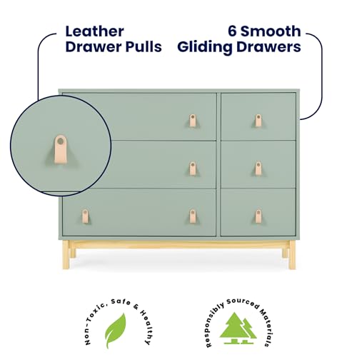 Delta Children babyGap Legacy 6 Drawer Dresser with Leather Pulls and Interlocking Drawers - Greenguard Gold Certified, Sage Green w/Natural