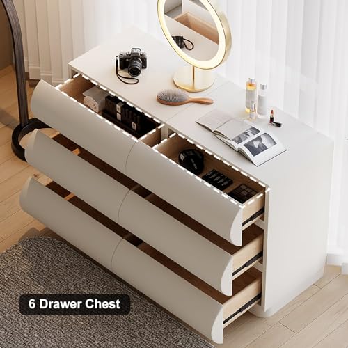 Modern White Leather 6-Drawer Dresser with Cabinet