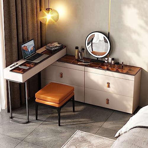 Brown Vanity Set with Mirror and Ottoman