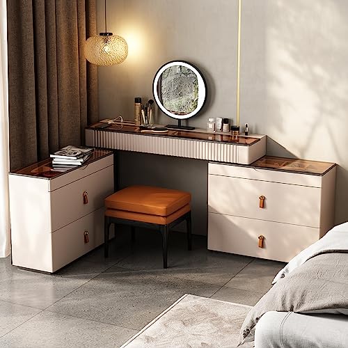 Brown Vanity Set with Mirror and Ottoman