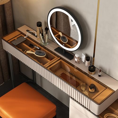 Brown Vanity Set with Mirror and Ottoman