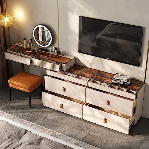 Brown Vanity Set with Mirror and Ottoman